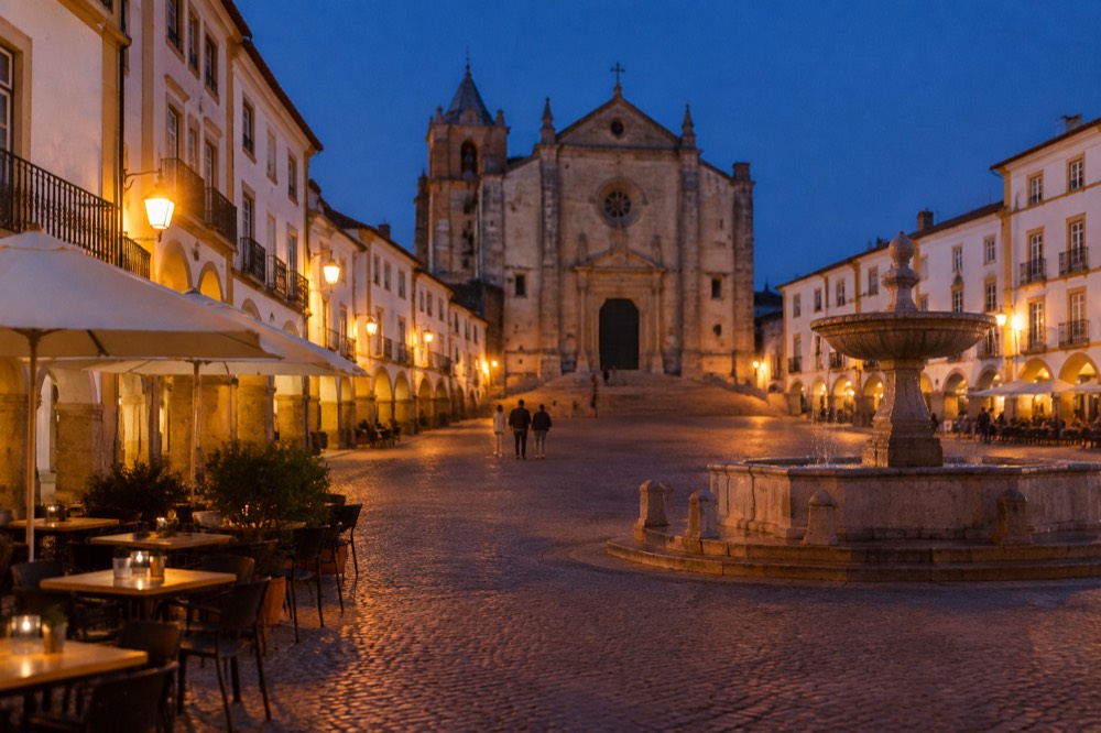 Evening light on Praça do Giraldo with café tables and the fountain in Évora
